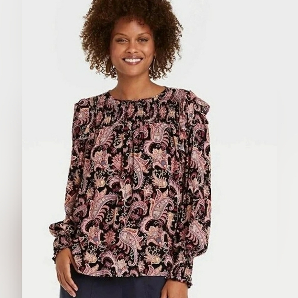 Knox Rose Pink and Black Paisley Smocked Ruffled Sleeve Blouse Sz M
